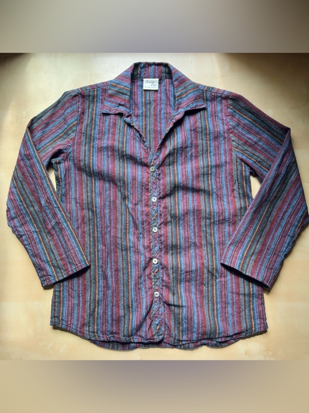 Vintage 1970s Boho Striped Multicolor Button-Down Shirt - Cotton Linen Blend